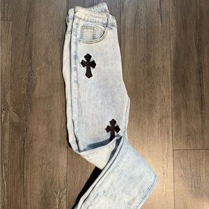 Fashion Nova Blue and Black Straight Leg Jeans with Decorative Patches